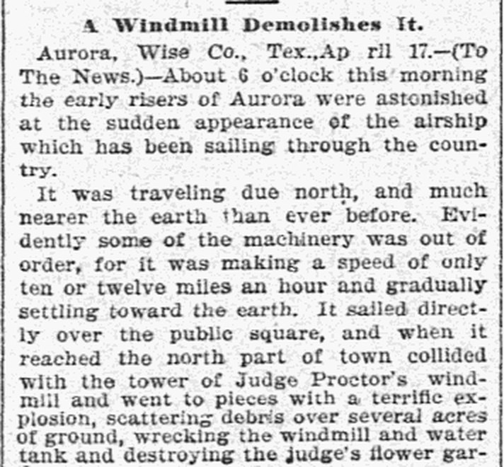 Newspaper column clipping headed 'A Windmill Demolishes It,' datelined Aurora, Wise Co., Tex., April 17, describing an airship colliding with Judge Proctor's windmill.