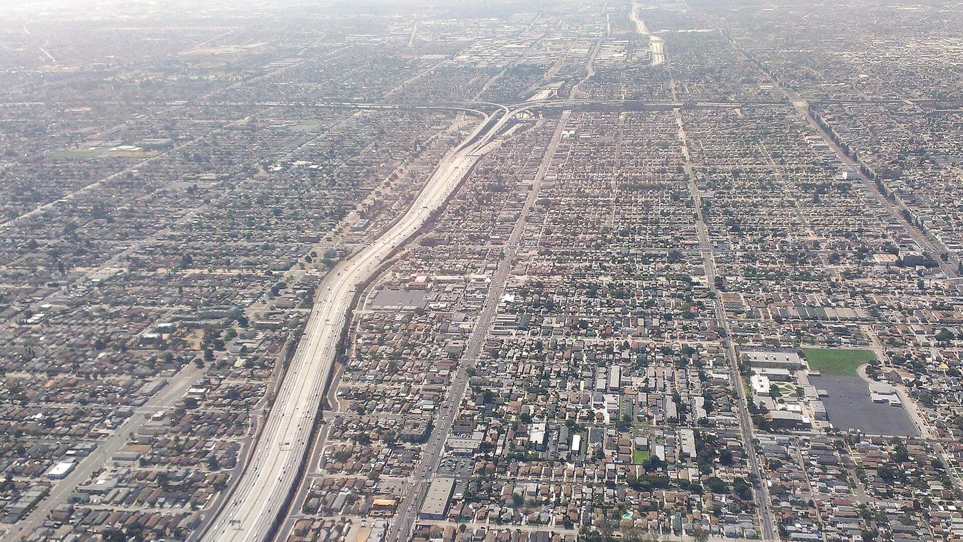 Aerial view of the 110 and 105 freeway junction, South Los Angeles (context photo, not the orb clip)
